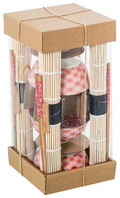 Sushi-Set, 4 Schalen, Essstäbchen, Untersetzer, Porzellan/Holz, 12x12x6 cm