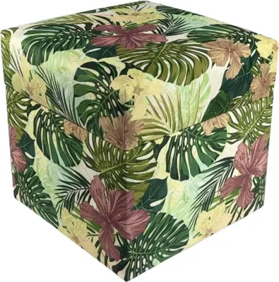 Produktbild von Velours-Hocker TROPIC 40x40 cm quadratisch mit Stauraum – aufklappbarer Polsterhocker mit buntem Blumenmuster – Grün