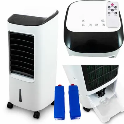 A collage of images showing a white portable air cooler with black accents, a remote control, and two blue ice packs.