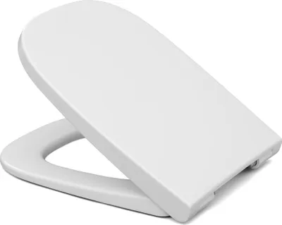A white toilet seat with a soft-close lid is shown from a diagonal angle against a white background.