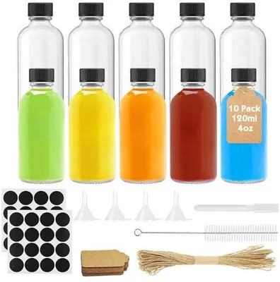 Produktbild von Famanu Set von 10 Glas-Shotflaschen 120 ml mit Deckel, Trichter und Etiketten – Transparent