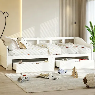 Immagine prodotto di Letto a giorno estendibile INONEFT, 90/180x200 cm, divano letto con 2 cassetti, combinazione divano-letto, struttura in legno massello, senza materasso, colore bianco.