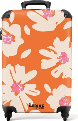 Produktbild von NoBoringSuitcases.com® Koffer Handgepäck Trolley Rollkoffer Kleine Reisekoffer mit 4 Rollen - Orange mit beigen und rosa Blumen - Cabin Size < 55x40x23 cm & 55x40x20 cm - Fotokoffer - Kabinenkoffer - BoardgepäckHandgepäck Koffer 55x35x20 cm, 36L,