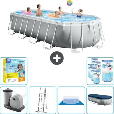 Produktbild von Intex Oval Prism Frame Swimmingpool – 610 x 305 x 122 cm – Grau – inklusive Pumpe – Leiter – Bodenplane – Abdeckung Wartungspaket - Filter
