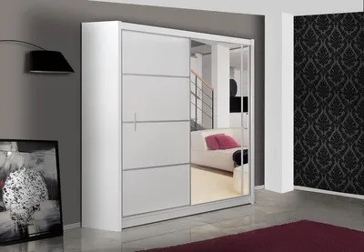 Produktbild von Kleiderschrank Vista mit Spiegel 180 cm, Schwebetürenschrank, Garderobeschrank Schlafzimmer; Wohnzimmerschrank; Korpus Schrank Farbe: Weiss; Farbe der Schrankfront: Weiss