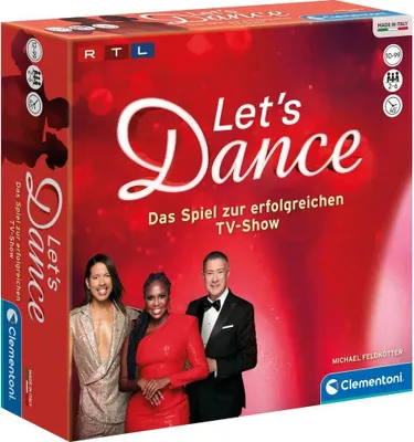 The image shows the front and side of a board game box for 'Let's Dance'.