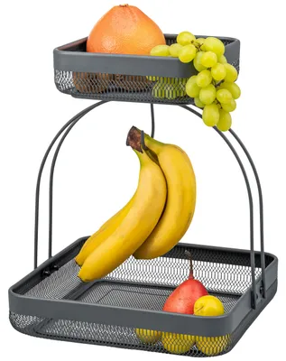 Produktbild von eluno 2-stöckige Obstetagere mit Bananenhalter, Brotkorb, Obstkorb aus grauem Metall