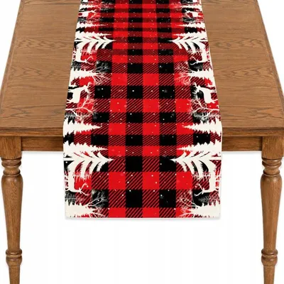 Produktbild von Weihnachtlicher Tischläufer 180 x 33 cm, Rot-Schwarz kariert mit Rentieren, Weihnachtsdeko aus Polyester