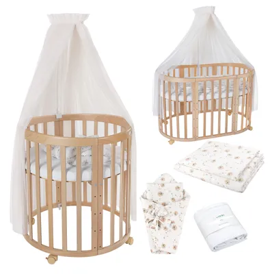 Produktbild von Waldin Babybett OWAL Kinderbett 7in1 mit Matratze, mitwachsendes Kinder-Bett,Stoffe Champagner Löwenzahn,Holz natur