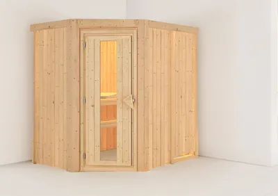 Produktbild von Karibu Sauna Innensauna Saja Eckeinstieg ohne Zubehör 196x151x198 cm ohne Dachkranz mit Energiespartür