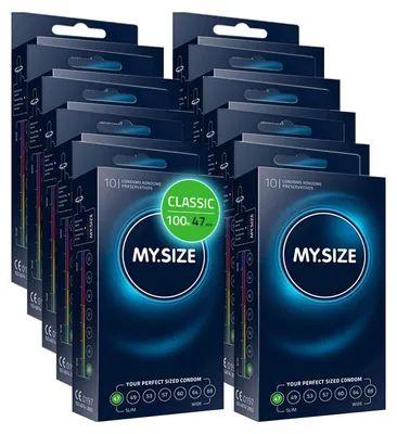 Immagine prodotto di MY.SIZE Preservativi Classici Misura 1 | 47 mm di Larghezza | 100 Pezzi Maxipack | Premium Extra Sottili | Fedeli al Tatto | 0,07 mm di Spessore Delle Pareti