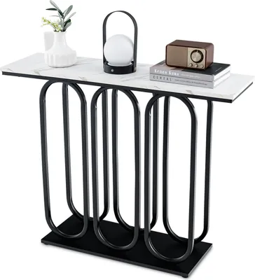 Obrázok produktu pre Konzolový stolík COSTWAY s dĺžkou 100 cm, predsieňový stolík z umelého mramoru s nastaviteľnými podložkami pod nohy, kovovým rámom a súpravami proti nakloneniu, úzky bočný stolík do obývačky, biela a čierna farba