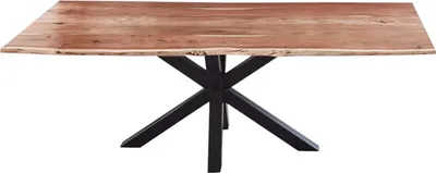 Produktbild von Esszimmertisch 280x100cm Quincy, echte Baumkante, Akazienholz naturfarben, massiver Baumkantentisch mit Spider-Gestell Schwarz