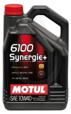 A black plastic bottle of Motul 6100 Synergie+ SAE 10W40 motor oil.