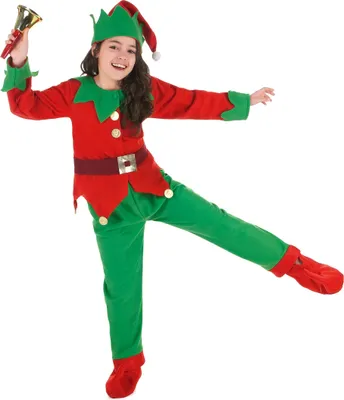 A young girl dressed as an elf, holding a bell and posing.
