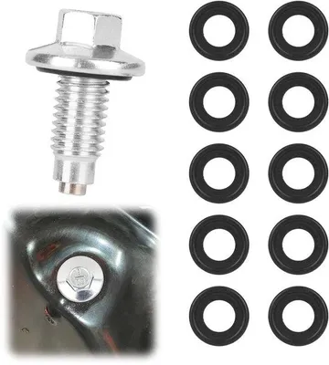 Productafbeelding van Magnetische olieaftapplug van koolstofstaal en rubber - zwart/zilver - 1 stuk + 10 rubberen ringen - geschikt voor auto's, SUV's en motorfietsen