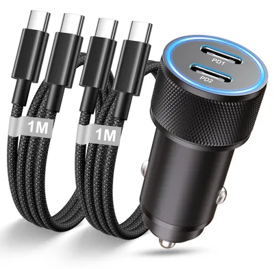 USB-C-Autoladegerät 60 W PD, 2 Typ-C-Kabel, 1 m, kompatibel mit iPhone, Samsung
