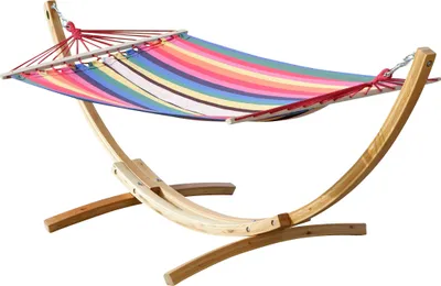 Produktbild von ALEOS. 320cm Hängemattengestell Blanca-Rojo Hängematte mit Gestell aus Holz Lärche Natur mit bunter Stabhängematte - mit roten Seilen