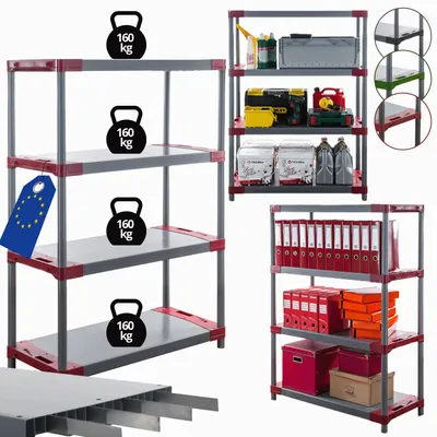 Produktbild von MODO24 Kunststoffregal, 4 Ablagen, 160kg/Boden, Schwerlast, Steckregal, Lagerregal, Plastikregal, Werkstatt, 138x110x46?cm, Rot, TYTAN