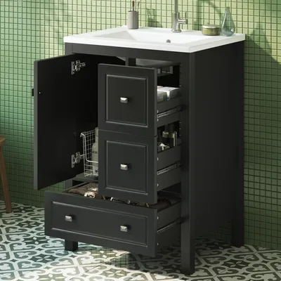 Produktbild von Merax Freistehender Waschbeckenunterschrank, Badezimmerwaschtisch mit Keramikbecken, 3 Schubladen & 1 Tür, Badezimmerschrank mit Stauraum, Schwarz