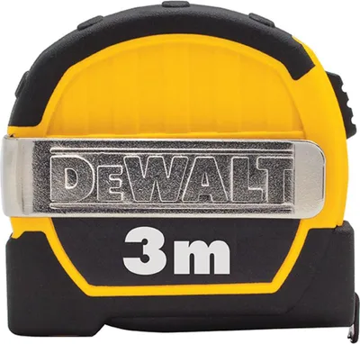 A close-up view of a yellow and black Dewalt tape measure.