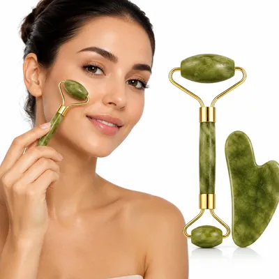 Produktbild von Jade Roller & Gua Sha Set – 100% Echter Jadestein – Gesichtsmassage zur Hautstraffung & Entspannung – Kühlend gegen Augenringe & Schwellungen, KI-generiertes Bild