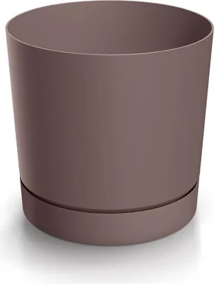 A brown plastic planter with a matching saucer is shown against a white background.