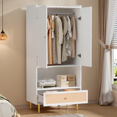 Produktbild von Merax Drehtürenschrank Kleiderschrank mit Rattan-Schublade, Kleiderstange, Modern Garderobenschrank, 80 × 48 × 175 cm, Weiß