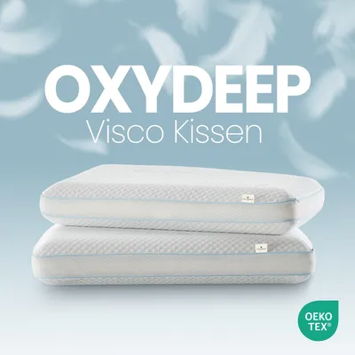 Two white pillows are stacked on top of each other against a light blue background with white feather graphics. The brand name 'OXYDEEP' and 'Visco Kissen' are displayed prominently above the pillows. A green OEKO-TEX logo is in the bottom right corner.