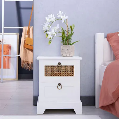 Produktbild von Nachttisch PADMA mit 2 Schubladen, Nachtkommode aus Paulownia Holz und Wiener Geflecht, Nachtschrank im Retro Design, Boho, in weiß