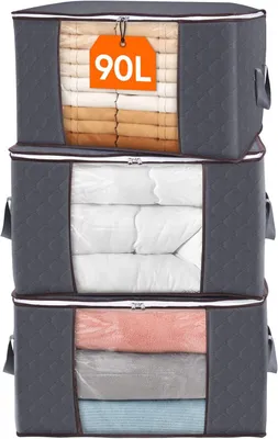 Produktbild von 3 Stück 90L Aufbewahrungstasche, Aufbewahrungsbox mit Deckel,Groß Kleideraufbewahrung Umzugskartons, Faltbare Aufbewahrung Boxen für Bettdecken Decken