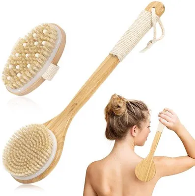 Imagen del producto de Cepillo para la ducha con mango largo, de cerdas naturales, exfoliante y para masajes, de 2 piezas