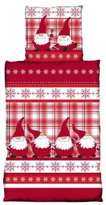 Produktbild von 4 teilig Winter Bettwäsche 135x200 cm Kariert Wichtel rot weiß Thermofleece