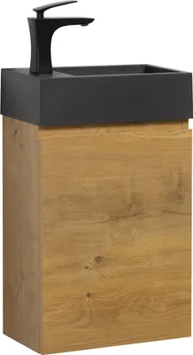 A modern bathroom vanity set with a black sink and faucet on a wooden cabinet.