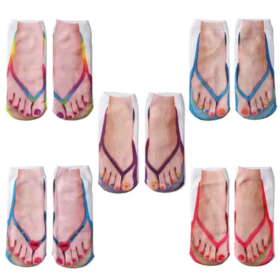 Image de 5 paires de chaussettes imprimées Manucure Chaussettes imprimées Tongues Chaussettes à motifs 3D Chaussettes Tongues personnalisées et décontractées Chaussettes basses à la cheville