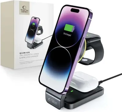 Produktbild von Tech-Protect QI15W-A28 Induktives MagSafe 3-in-1 Ladegerät mit Ständer für Smartphone / Apple Watch / AirPods – Schwarz