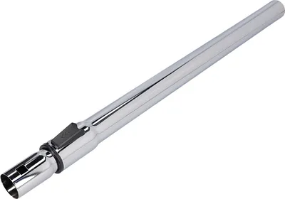 A chrome vacuum cleaner extension tube with a black release button.