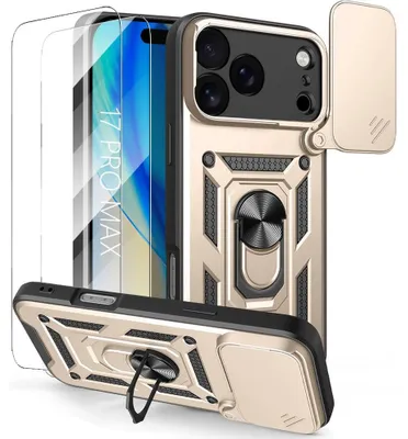 Image de Coque + 2 Verres Trempés pour iPhone 17 Pro Max, Protection Robuste avec Cache Caméra Anti-Rayures - Doré