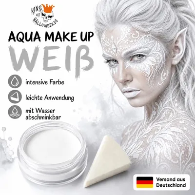 Produktbild von Premium Aquaschminke Weiß 14 g mit passendem Schminkschwamm – wasseraktivierbare Gesichtsfarbe mit hoher Deckkraft für Halloween Make-up, Karneval, Fasching, Cosplay, Theater, Bühne, Gothic Look, Totenkopf, Skelett, Zombie, Hexe, Vampir, Teufel, Horror Ko