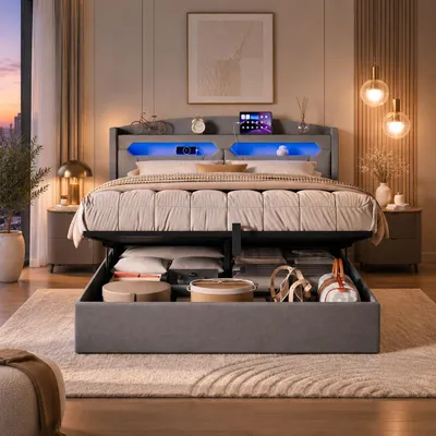 Imagen del producto de Cama tapizada INONEFT de 140x190 cm con iluminación LED, cama hidráulica doble con espacio de almacenamiento en el cabecero y puertos USB, cama juvenil, color gris claro, Imagen generada por IA