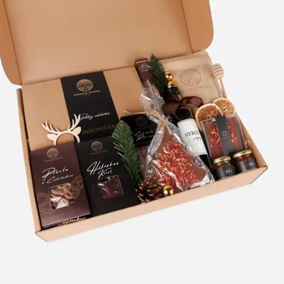 Zdjęcie produktu dla Zestaw prezentowy Słodki Raj – praliny, czekolady, kawa, herbata, miód i syrop