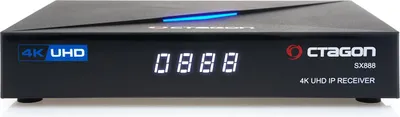 A black Octagon SX888 WL 4K V2 IP Ultra HD H.265 HDMI LAN Stalker IPTV OTT Receiver is shown from the front on a white background.