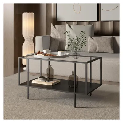 Produktbild von Glastisch Wohnzimmer Nynna Couchtisch rechteckig 90 x 50 x 50 cm Beistelltisch mit unterer Ablage Metalltisch Schwarz