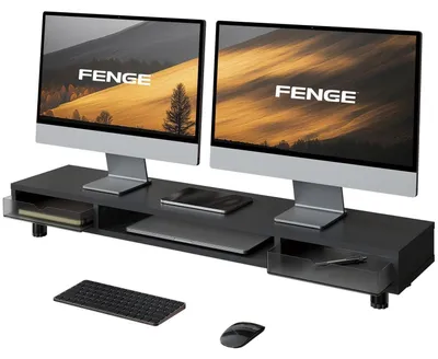Zdjęcie produktu dla Stojak na monitor z 2 szufladami, regulowany na wysokość, 108 cm, kolor czarny