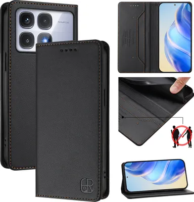 Produktbild von Lederhülle für Xiaomi Redmi K70 Ultra Hülle Flip Brieftasche Kartenfächern Ständer Schutzhülle Schwarz