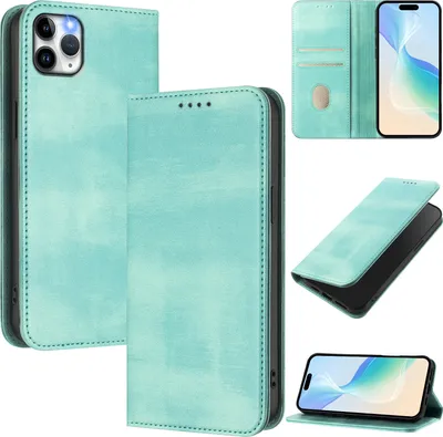 Image de Étui pour iPhone 11 Pro Max, étui en cuir vintage avec protection RFID, fentes pour cartes, support Turquoise
