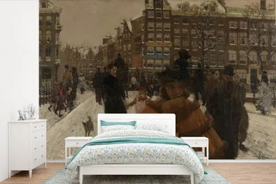 Produktbild von MuchoWow® Fototapete für Wohnzimmer oder Schlafzimmer Wandtapete Vinyl Motivtapete Die Singelbrücke in der Paleisstraat in Amsterdam - Gemälde von George Hendrik Breitner - 360x240 cm - Vinyl-Tapete