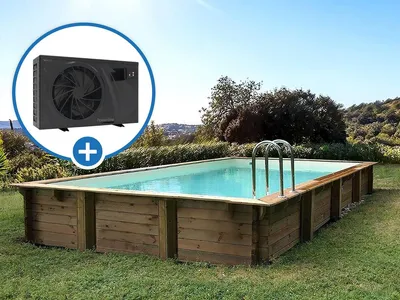 Produktbild von Holzschwimmbecken im rechteckigen Bausatz "Tampa 145" – 7,20 x 4,20 x 1,44 + Wärmepumpe – Leistung 6,1 kW