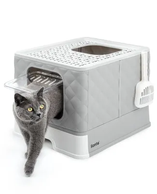Produktbild von lionto Katzentoilette, hygienisches Katzenklo mit Schublade & Anti-Streu-Gitter, auslaufsicher & platzsparend, hellgrau