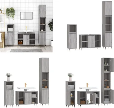 Produktbild von vidaXL 3 tlg. Badmöbel Set Grau Sonoma Holzwerkstoff - Badmöbel Set - Badmöbel Sets - Badezimmerschrank - Badezimmermöbel